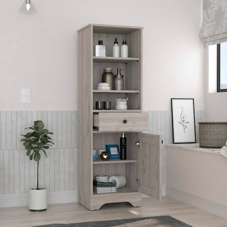 Tuhome St. Clair Linen Cabinet, Two Interior Shelves, Two Open Shelves, Single Door, Light Gray MLZ7125